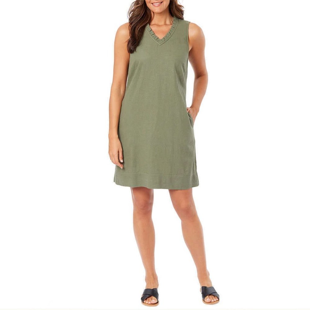 NWT Briggs New York Women's Ruffle V-Neck Linen Blend Dress Size L $50 BB12
